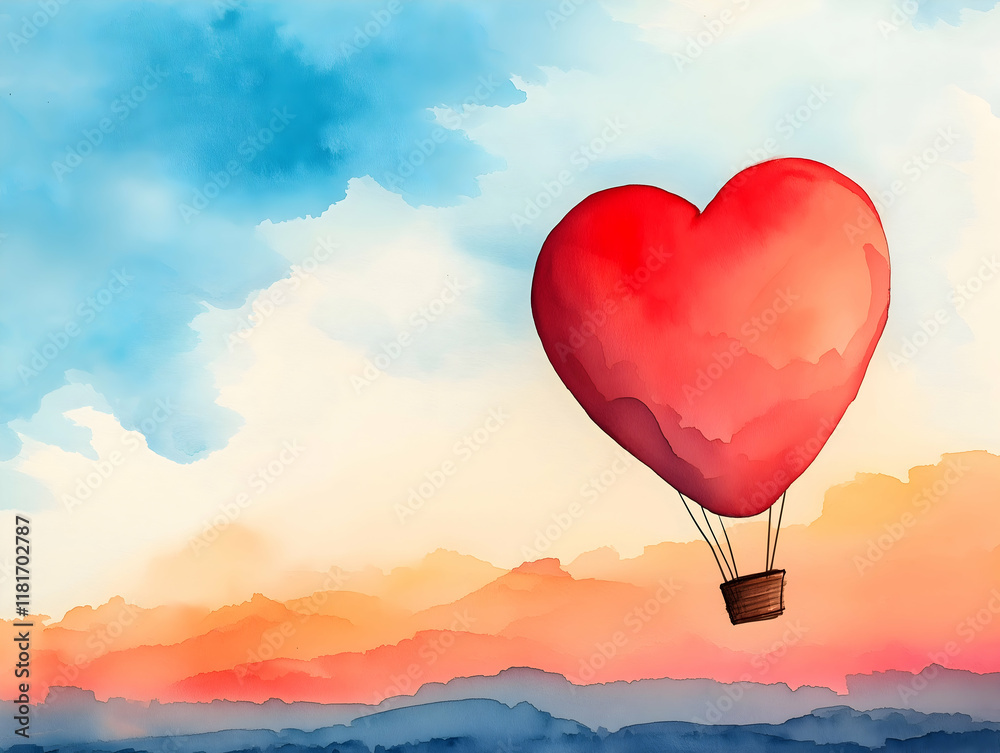 Fototapeta premium A vibrant watercolor painting of a heart-shaped hot air balloon floating in a colorful sky at sunset.