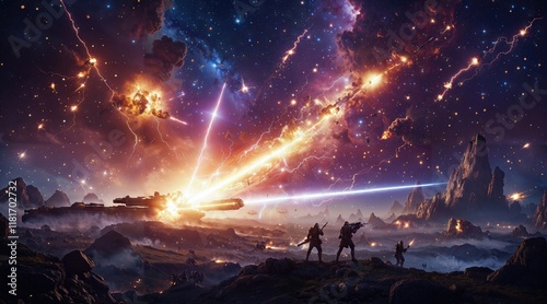 Epic Sci-Fi Battle with Spaceship Laser Beams, Explosions, and Soldiers on an Alien Planet