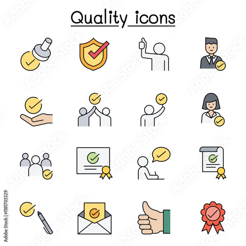 Quality, Approved, Check mark icons set in thin line style
