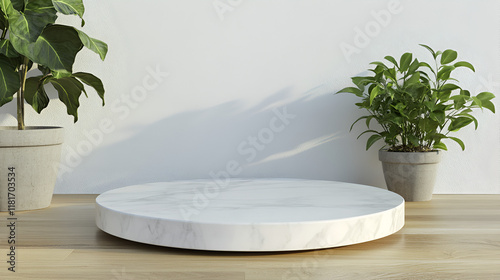 Abstract background for product branding and presentation. Minimal Product Podium Mock up scene with empty space minimal style with bathroom tile wall and spruce  , Luxurious stone disc pedestal 
