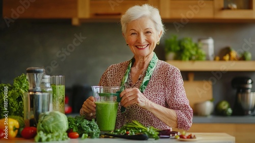 joyful elderly woman blending a green smoothie in a modern kitchen, surrounded by fresh vegetables and fruits, bright and natural lighting