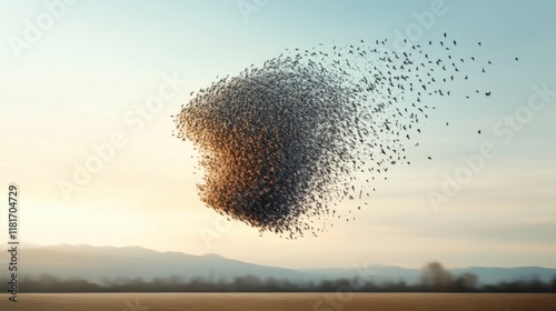 As dusk approaches, a mesmerizing flock of starlings swirls gracefully in the sky, creating fluid shapes against the backdrop of rolling hills. The air is filled with the beauty of migration