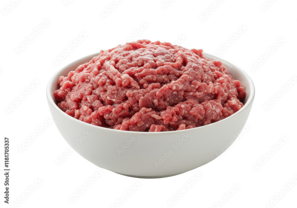 Raw beef meal in bowl isolated on white background, front angled view, no depth of field, sharp Raw beef meal in bowl isolated on white background, front angled view, no depth of field, sharp