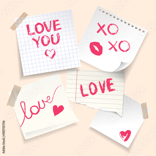 Realistic notes paper with Love message written with lipstick set. Love note template with tape collection.Scrapbook composition with notes paper and tapes Valentines Day design.Vector illustration