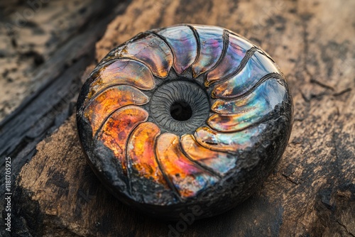 A mesmerizing ammonite fossil with iridescent hues, showcasing intricate spiral chambers on a dark wooden surface.