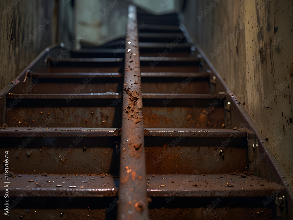 A close-up shot focuses on an old, rusted metal stair, capturing 2-3 steps. The background exudes a subtle urban or industrial vibe, with muted lighting that highlights the corroded texture A close-up shot focuses on an old, rusted metal stair, capturing 2-3 steps. The background exudes a subtle urban or industrial vibe, with muted lighting that highlights the corroded texture
