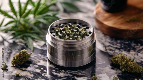 Captivating details reveal the lush green hues and intricate structures of cannabis flowers, accompanied by tools for preparation against a textured dark background