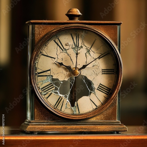 Broken antique clock with cracked glass face. photo