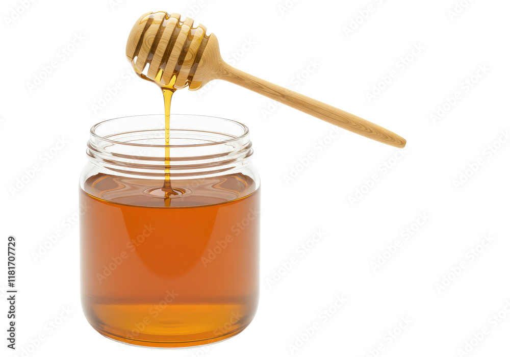 Jar with honey and honey dipper with drop of honey isolated on white background, front view, no depth of field, sharp Jar with honey and honey dipper with drop of honey isolated on white background, front view, no depth of field, sharp