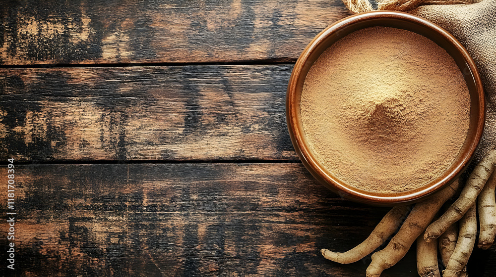 Ground Root Powder in Bowl and Dried Roots on Rustic Wood Table Ground Root Powder in Bowl and Dried Roots on Rustic Wood Table