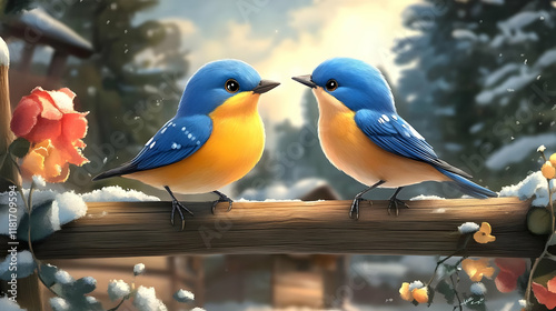 Bluebirds Perch on Snowy Br...