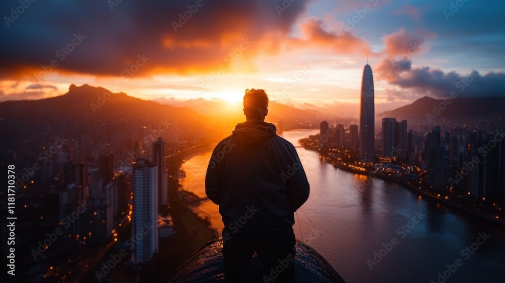 Fototapeta premium A solitary figure gazes over the city during sunset, where natural beauty meets urban landscapes, encouraging reflections on life, ambition, and the world around us.