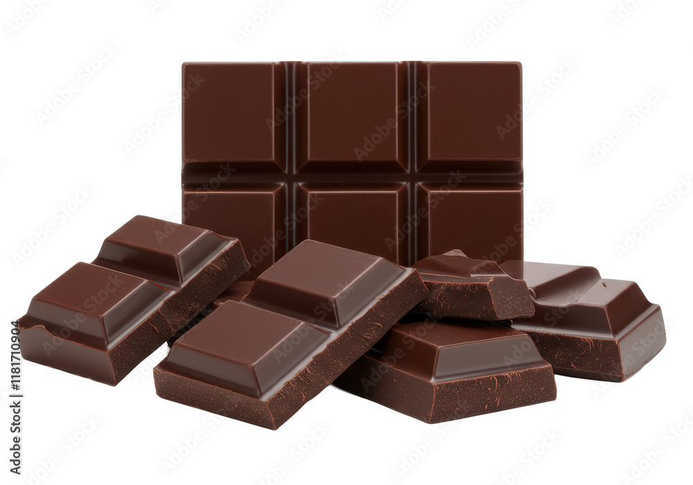 Dark chocolate blocks and bieces isolated on white background, front view, no depth of field, sharp Dark chocolate blocks and bieces isolated on white background, front view, no depth of field, sharp