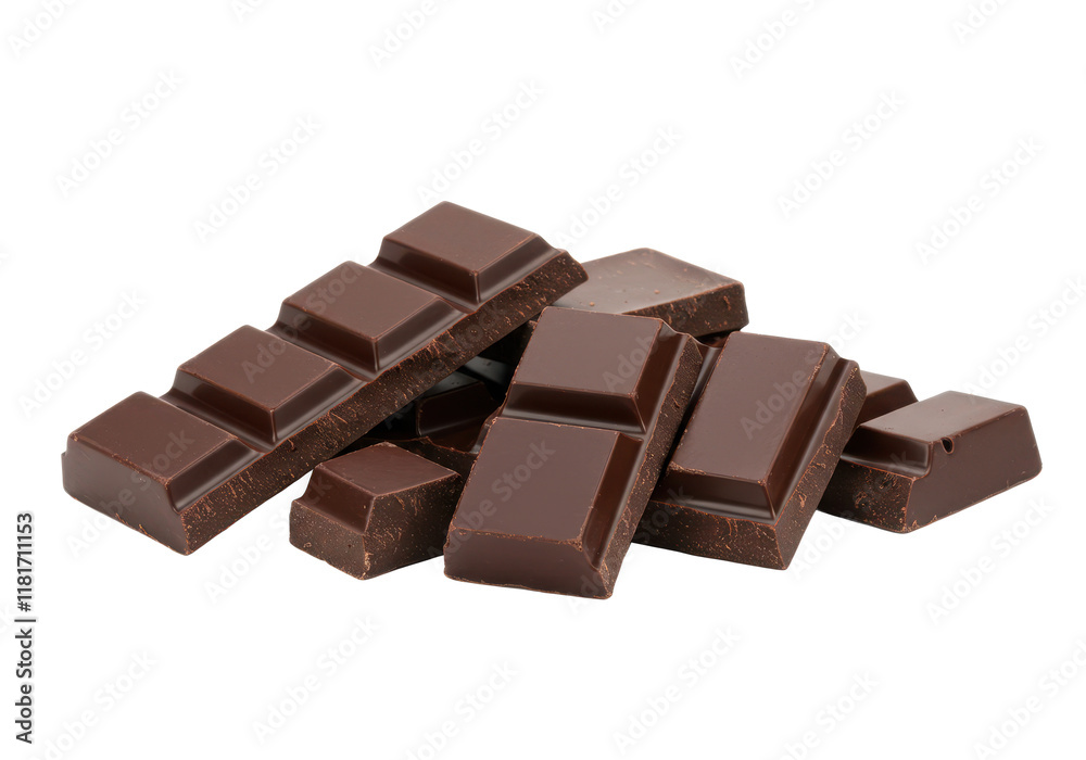 Dark chocolate blocks and bieces isolated on white background, front view, no depth of field, sharp Dark chocolate blocks and bieces isolated on white background, front view, no depth of field, sharp