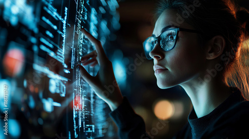 Woman analyzing data on a digital interface in a futuristic setting photo