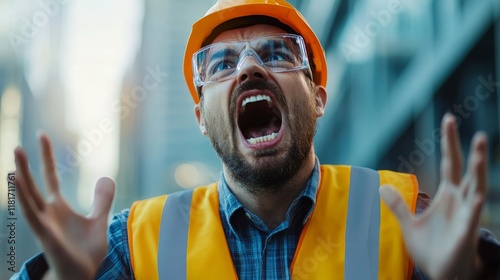 A construction worker in a hard hat and safety vest expresses frustration in an urban setting.