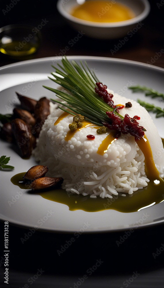 Warm steamed rice served artistically in a modern bowl, garnished with fresh citrus and vegetables, ideal for culinary presentations and food photography. Warm steamed rice served artistically in a modern bowl, garnished with fresh citrus and vegetables, ideal for culinary presentations and food photography.