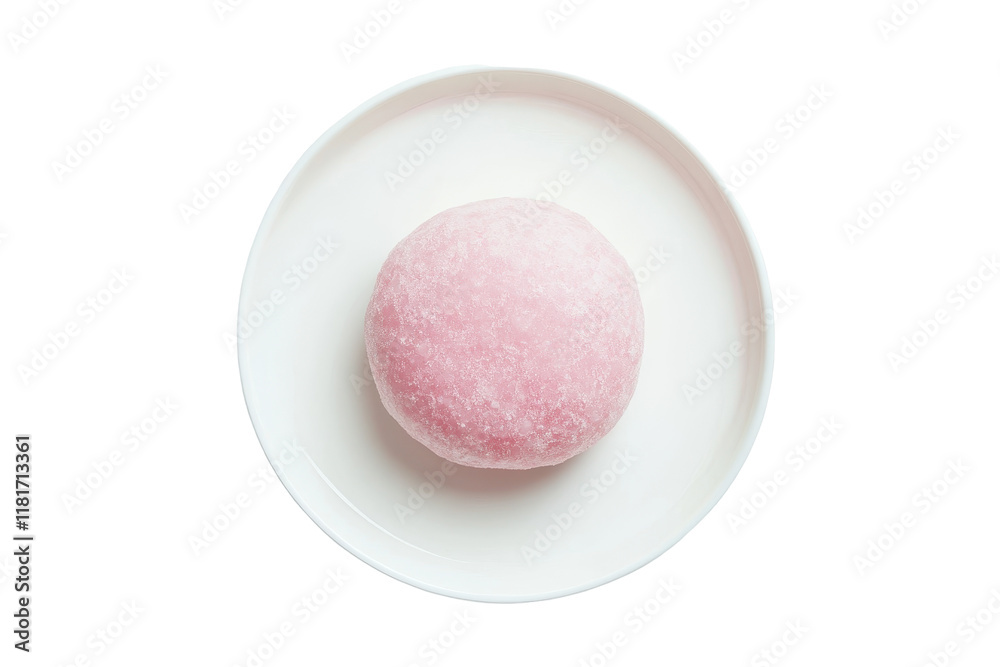 Isolated Pink Mochi on Plate Top View Isolated Pink Mochi on Plate Top View