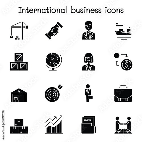 International business icon set in thin line style