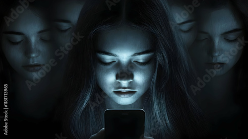 Phone Obsession: Teen Absorbed by Screen in Dark Room with Digital Ghosts