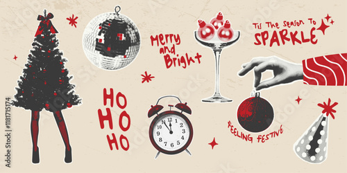 Festive retro halftone illustration set in red, black, and beige. Features a Christmas tree, ornaments, clock, champagne glass, and party hat. Ideal for holiday cards, posters and social media designs
