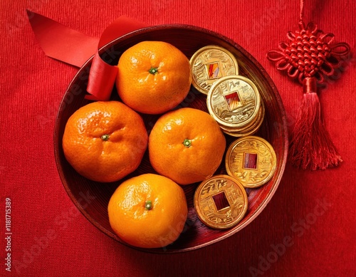 A bright red bowl holds five mandarins and gold coins, symbolizing prosperity and luck. photo