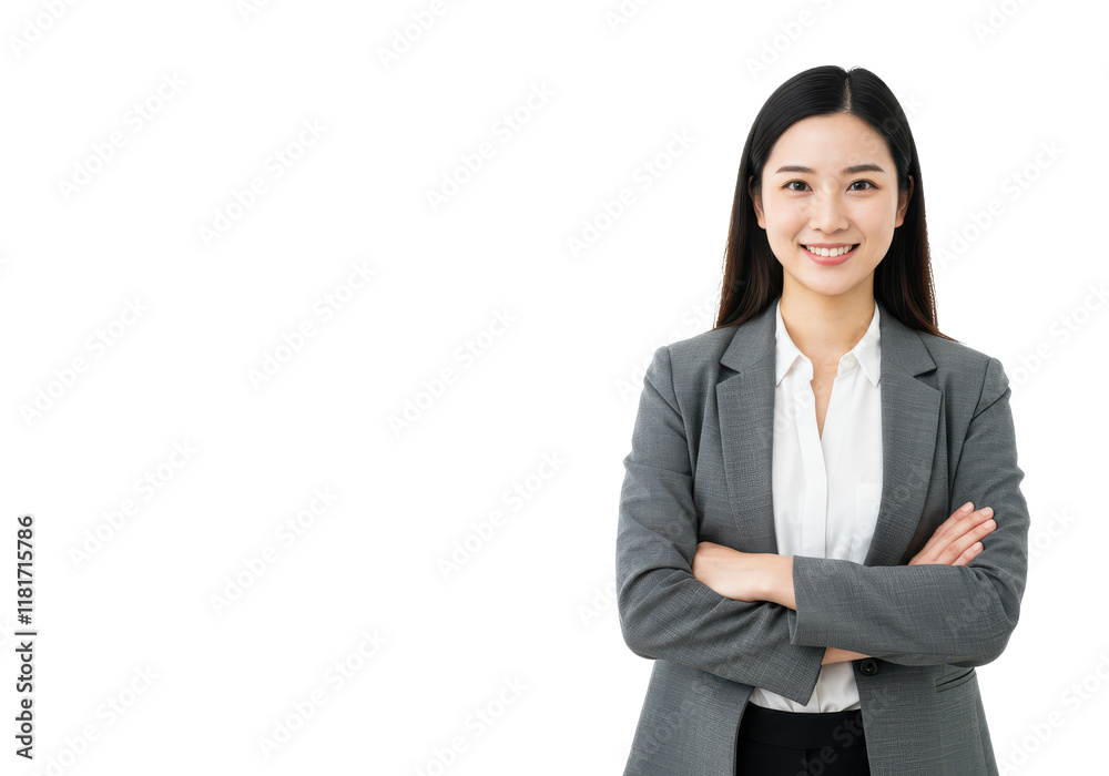 A professional woman in a gray blazer over a white blouse, standing with arms crossed, smiling confidently. The image is isolated on a white background A professional woman in a gray blazer over a white blouse, standing with arms crossed, smiling confidently. The image is isolated on a white background