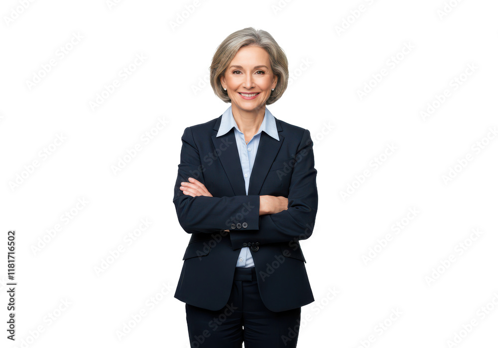 A professional middle-aged woman in a dark blue suit with a light blue shirt, standing with arms crossed and smiling A professional middle-aged woman in a dark blue suit with a light blue shirt, standing with arms crossed and smiling