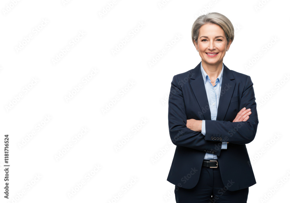 A professional middle-aged woman in a dark blue suit with a light blue shirt, standing with arms crossed and smiling A professional middle-aged woman in a dark blue suit with a light blue shirt, standing with arms crossed and smiling