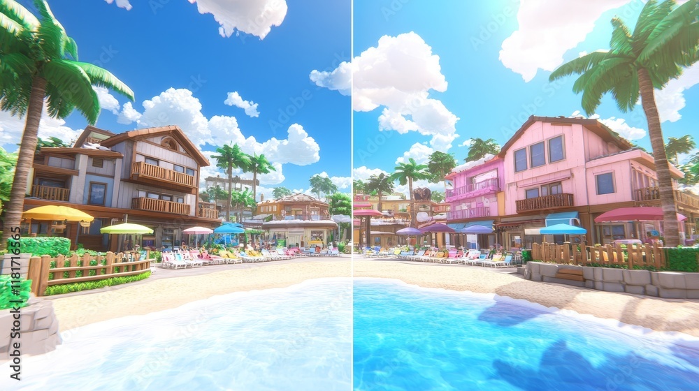 Fototapeta premium Coastal Town Beachfront Comparison Color Variations