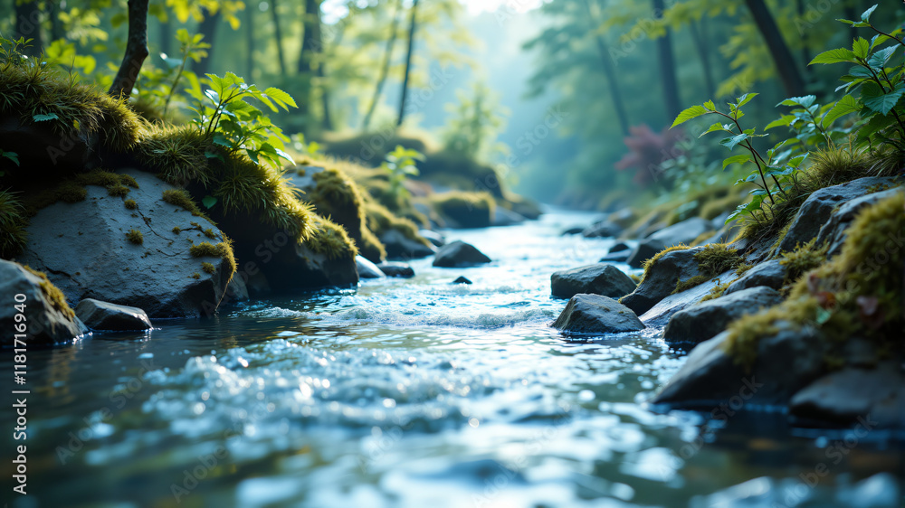 Fototapeta premium A tranquil stream flows gently through vibrant green surroundings, reflecting nature's beauty and serenity.