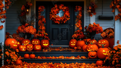 Pumpkins Glow on Porch Step...