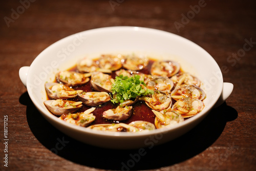 cooked Mactra chinensis clam seafood. Chinese Fujian cuisine photo