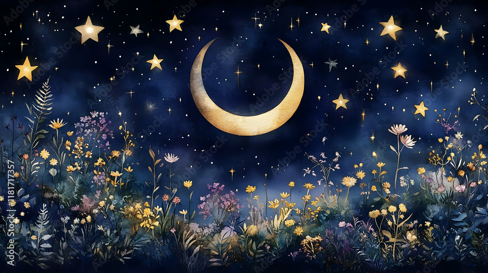 Fototapeta premium Moon and Stars Shine Over Blooming Wildflowers at Night
