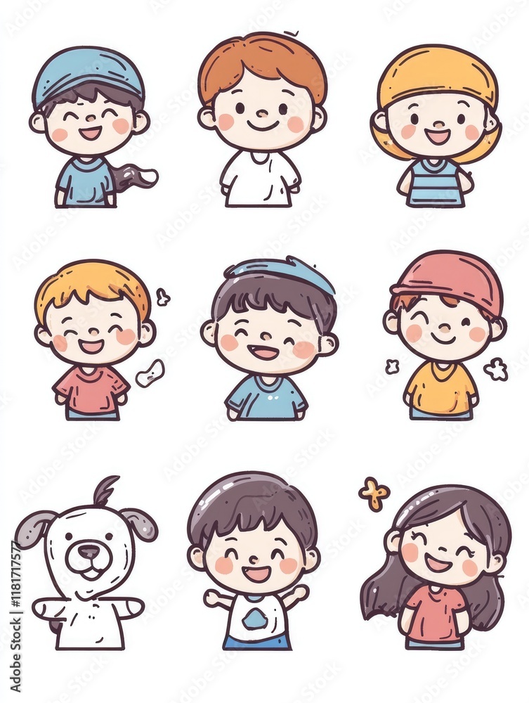 Cute Korean Style Kid Icons with Thick Line Stroke on White Background. Simple Lines and Flat Illustration for Children. Cute Korean Style Kid Icons with Thick Line Stroke on White Background. Simple Lines and Flat Illustration for Children.