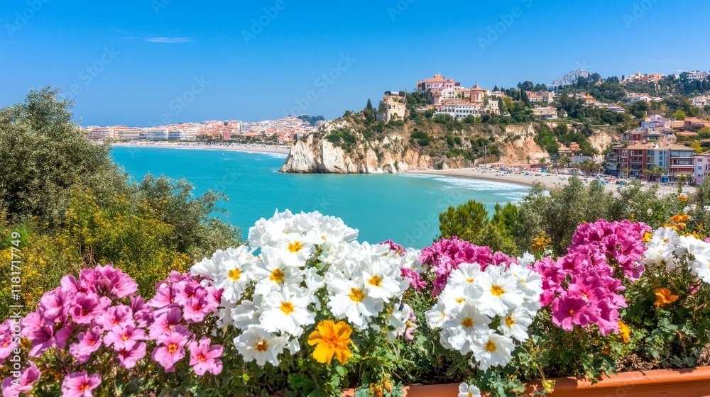 Obraz premium Coastal Town Seascape with Vibrant Spring Flowers