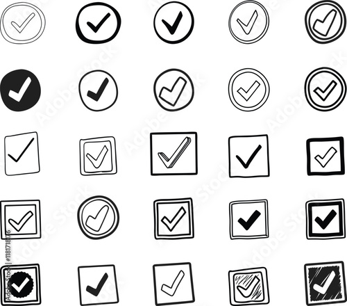 Checkmark icons, black illustrations, various checkbox designs, tick symbols 