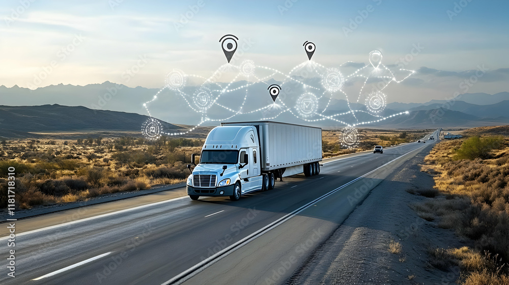 Obraz premium Truck Travels Highway with GPS Tracking Route Efficiently at Dawn