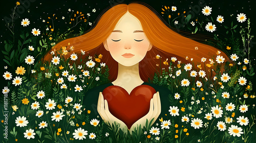 Woman Holds Heart in Daisy ...