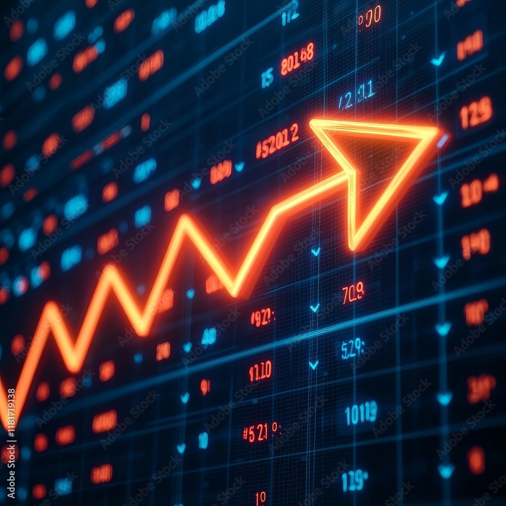 Advice investment tip concept. Financial growth represented by an upward arrow on a digital graph. Advice investment tip concept. Financial growth represented by an upward arrow on a digital graph.