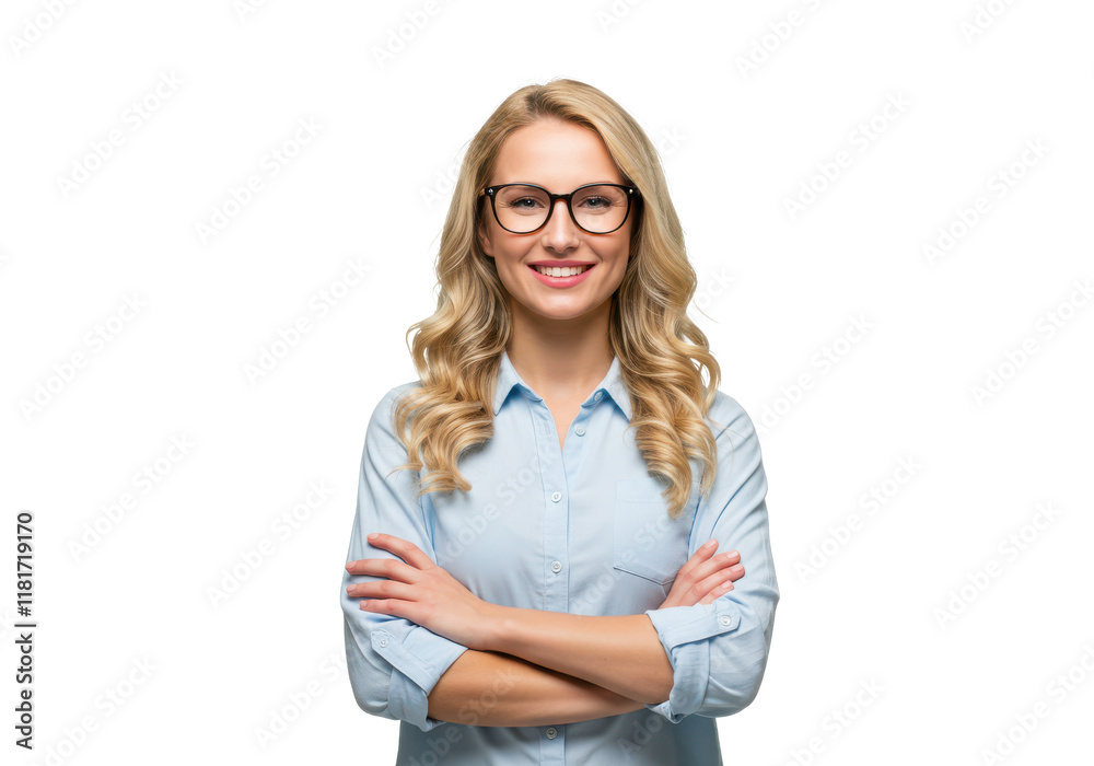 A blonde woman with wavy hair wearing glasses and a light blue shirt, standing with arms crossed and smiling A blonde woman with wavy hair wearing glasses and a light blue shirt, standing with arms crossed and smiling
