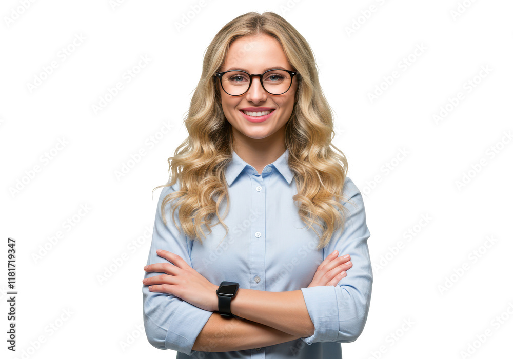 A blonde woman with wavy hair wearing glasses and a light blue shirt, standing with arms crossed and smiling A blonde woman with wavy hair wearing glasses and a light blue shirt, standing with arms crossed and smiling