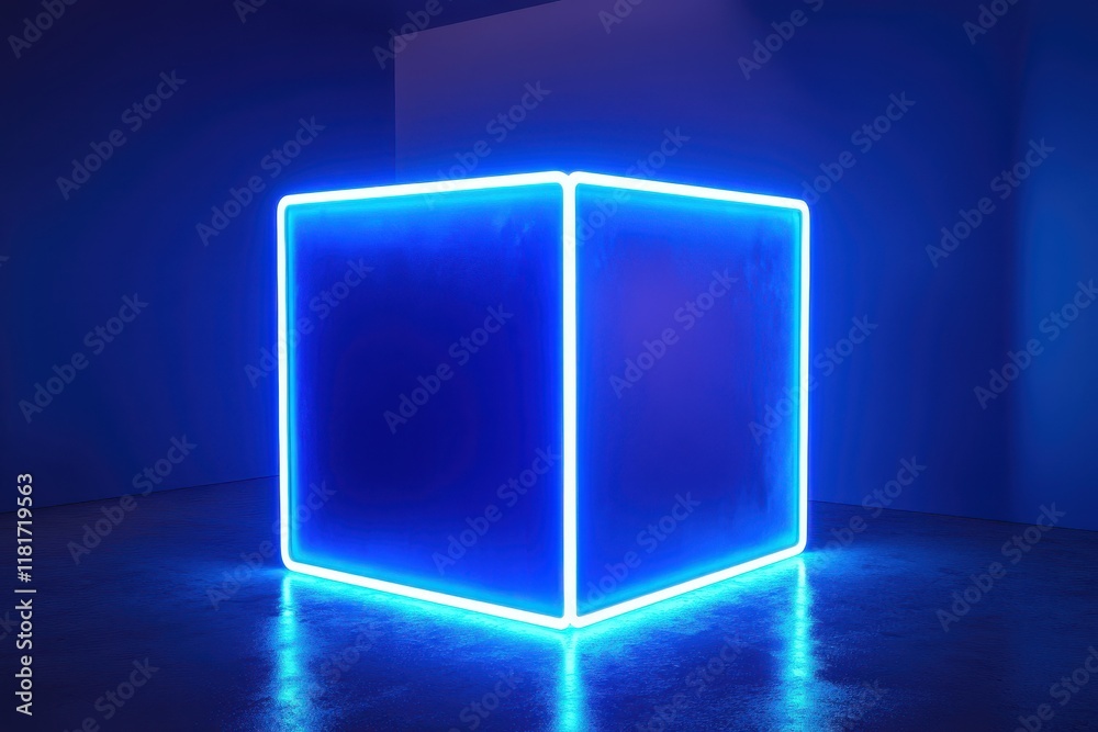 Glowing blue cube illuminates a minimalist space with a captivating aura at an art installation Glowing blue cube illuminates a minimalist space with a captivating aura at an art installation