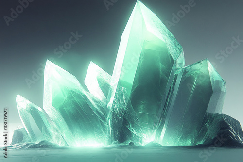 Glowing green crystals with smooth surfaces and sharp angles emit mystical light