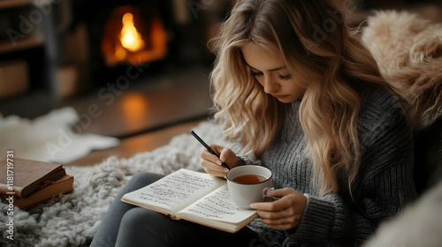 Cozy Evening: Woman Writes ...