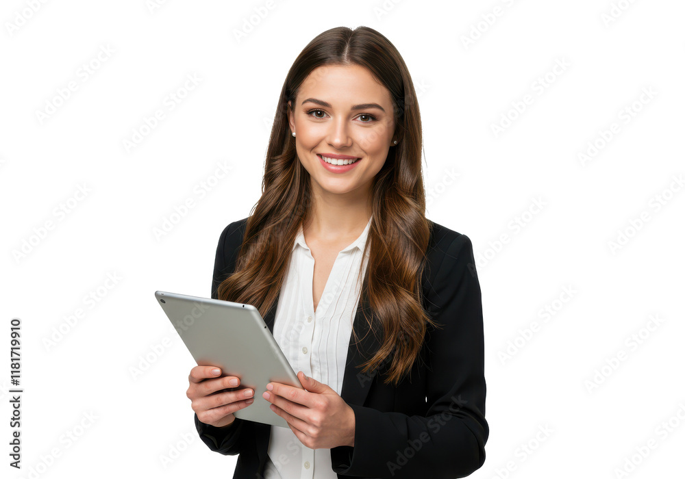 A cheerful woman with long brown hair, wearing a black blazer over a white blouse, holding a tablet and standing A cheerful woman with long brown hair, wearing a black blazer over a white blouse, holding a tablet and standing