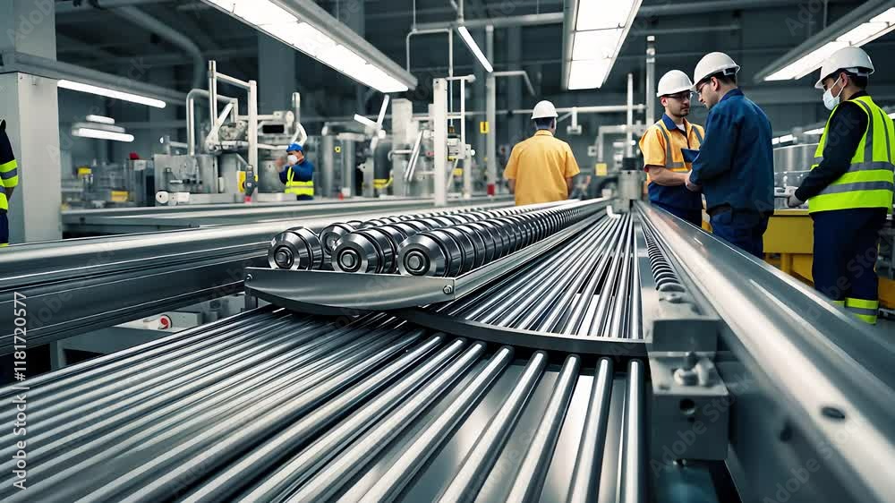 Handle Assembly Line Industrial Assembly Line with Workers Inspecting and Handling Steel ...