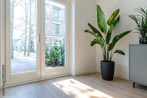 A vibrant bouquet of spring flowers graces a white vase, adding a touch of nature's beauty to the living room decor photo