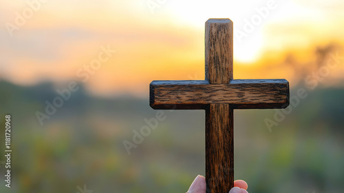 Wooden Cross Held at Sunris...