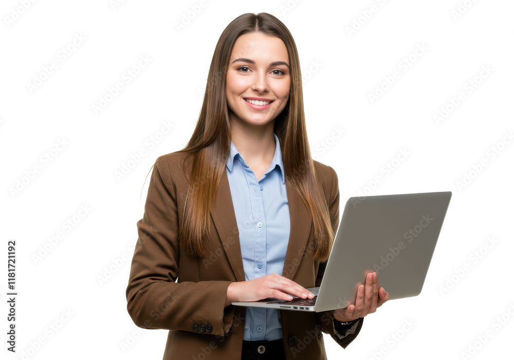 A smiling woman with long straight brown hair, wearing a brown blazer over a light blue shirt, holding a laptop and standing by a large window A smiling woman with long straight brown hair, wearing a brown blazer over a light blue shirt, holding a laptop and standing by a large window